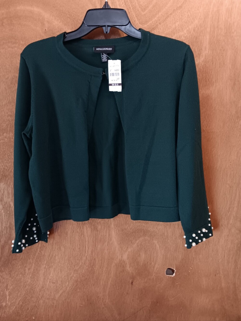 Nina Leonard  Dark Green Pearl-Trim Cropped Cardigan